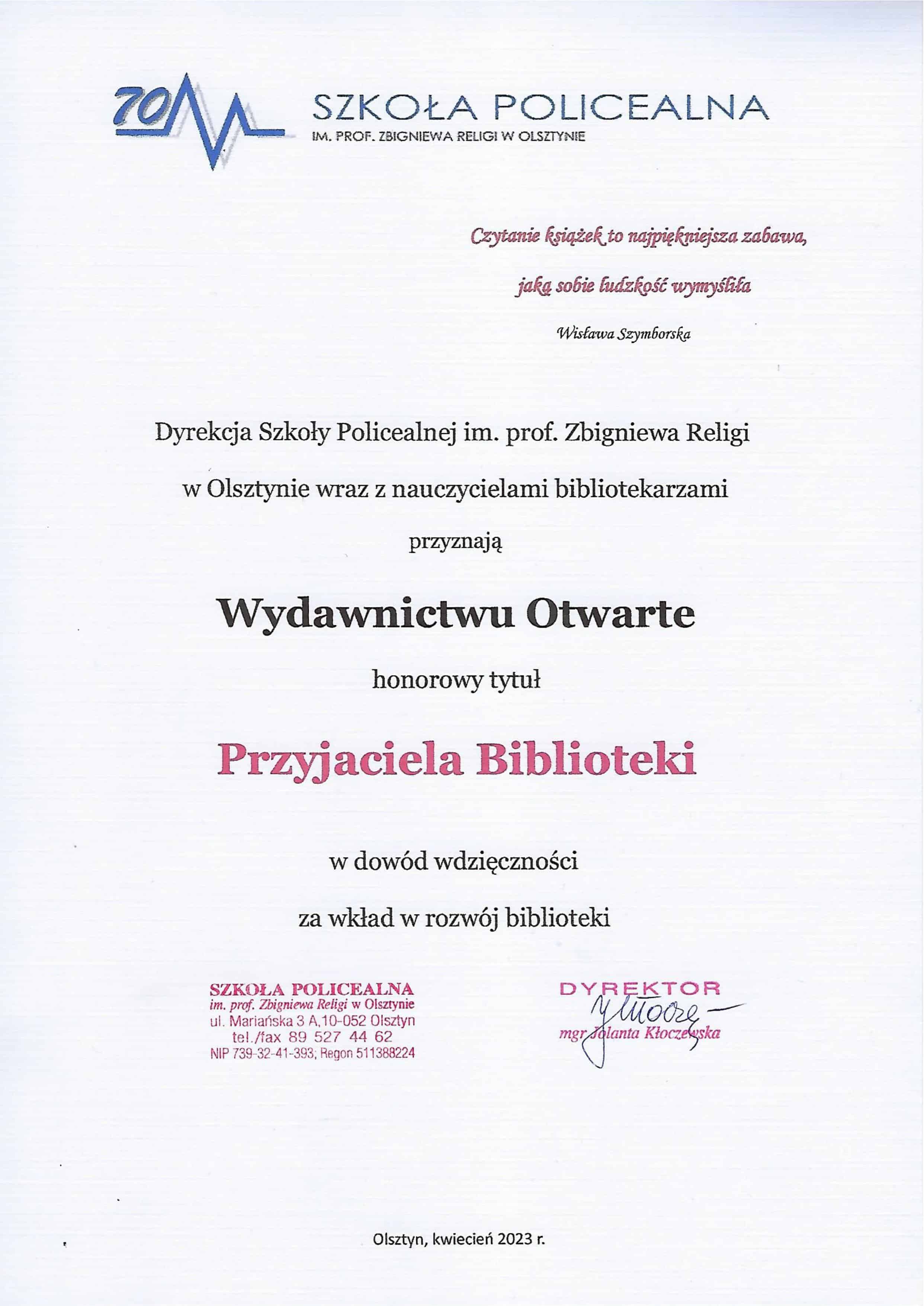 Podziękowanie dla Wydawnictwa Otwarte